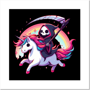 Grim Reaper Death Riding Rainbow Unicorn Posters and Art